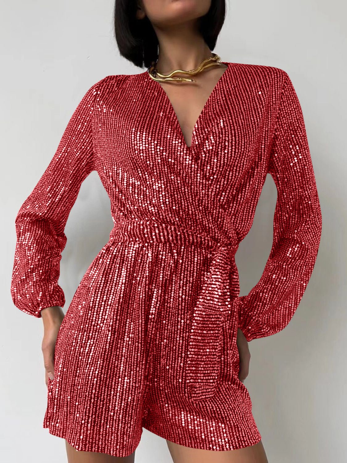 Full Size Sequin Surplice Tie Waist Long Sleeve Romper | Sugarz Chique Boutique