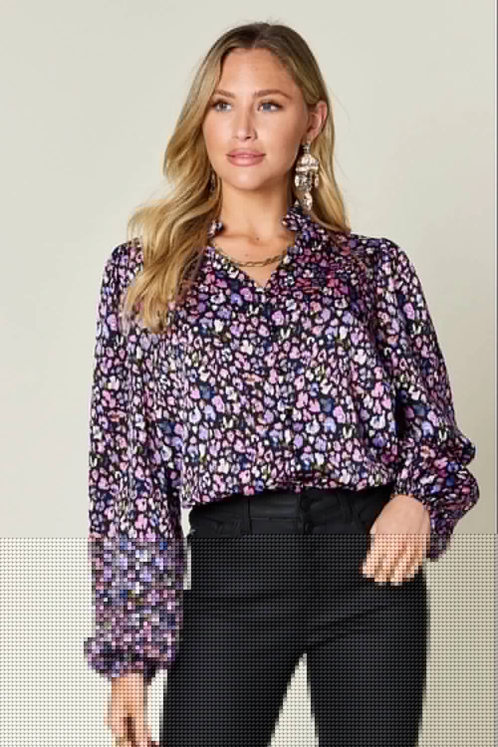 Double Take Full Size Printed Balloon Sleeve Shirt | Sugarz Chique Boutique