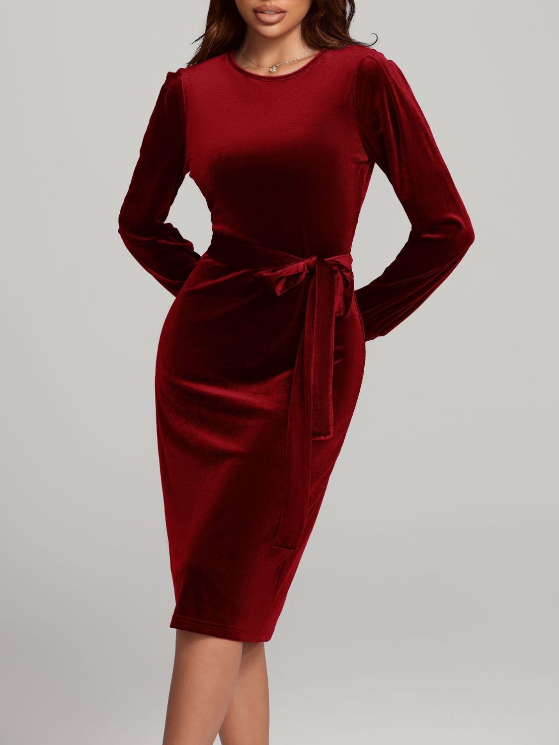 Round Neck Tie Waist Long Sleeve Velvet Dress - Sugarz Chique Boutique