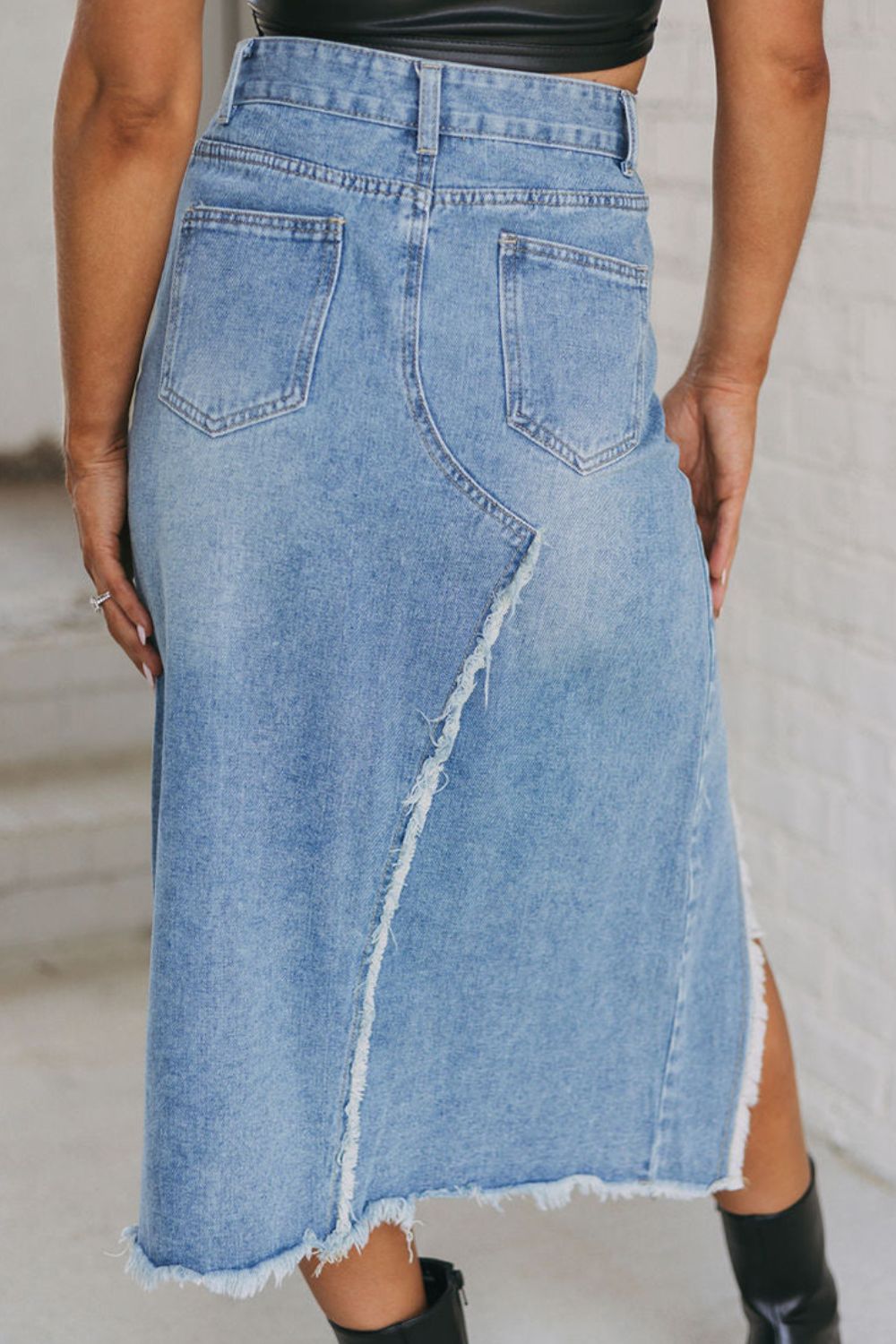 Raw Hem Slit Denim Skirt with Pockets - Sugarz Chique Boutique