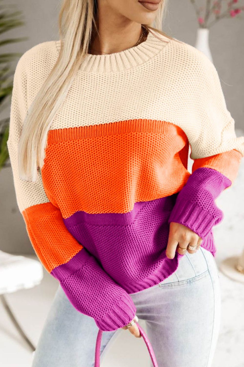 Color Block Drop Shoulder Round Neck Sweater | Sugarz Chique Boutique