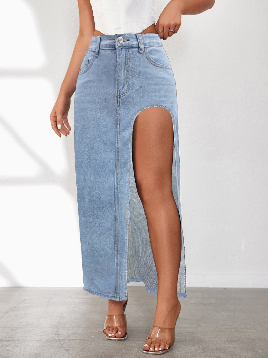 High Rise Slit Denim Skirt | Sugarz Chique Boutique