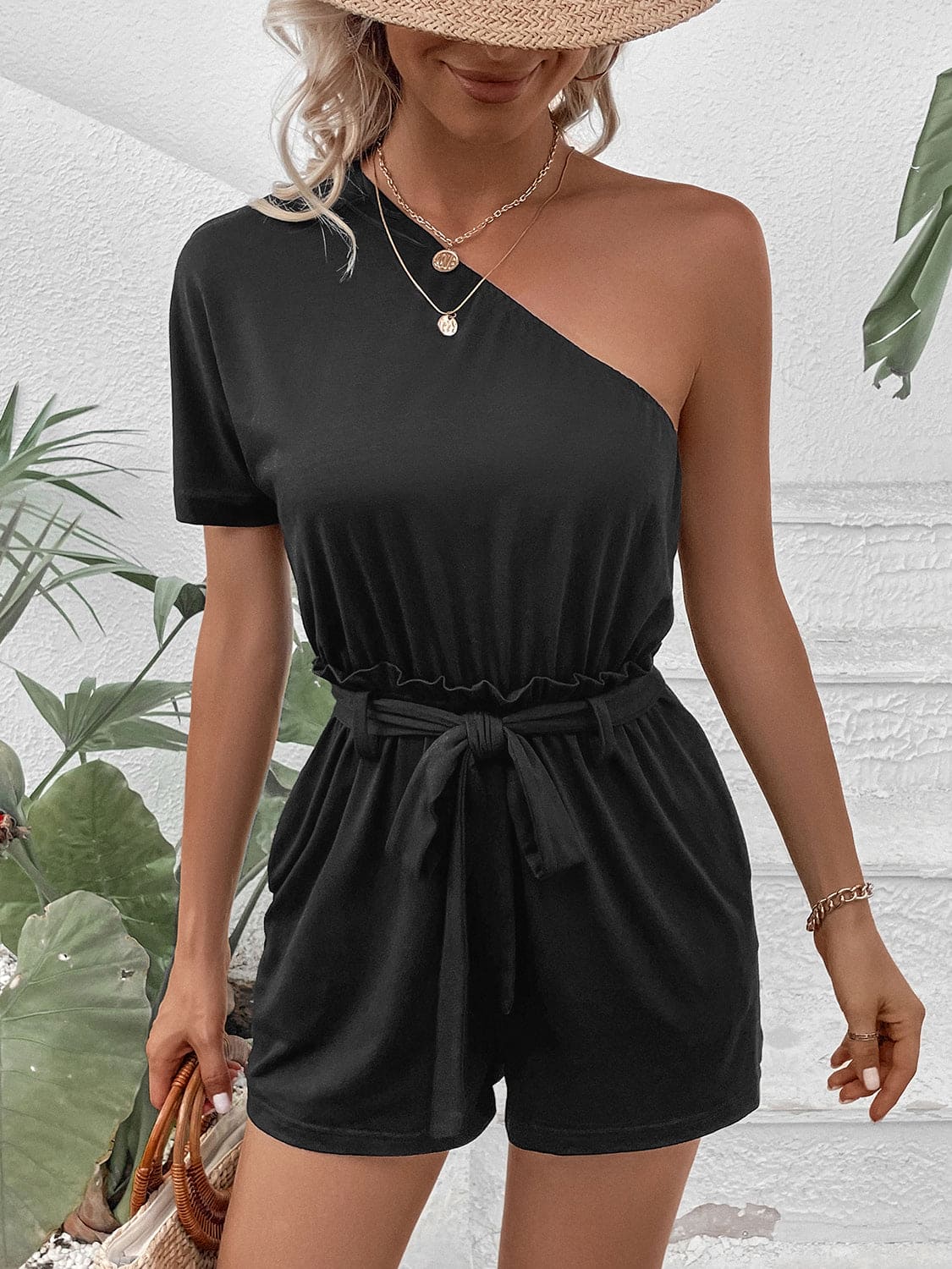 Single Shoulder Tie Waist Romper | Sugarz Chique Boutique