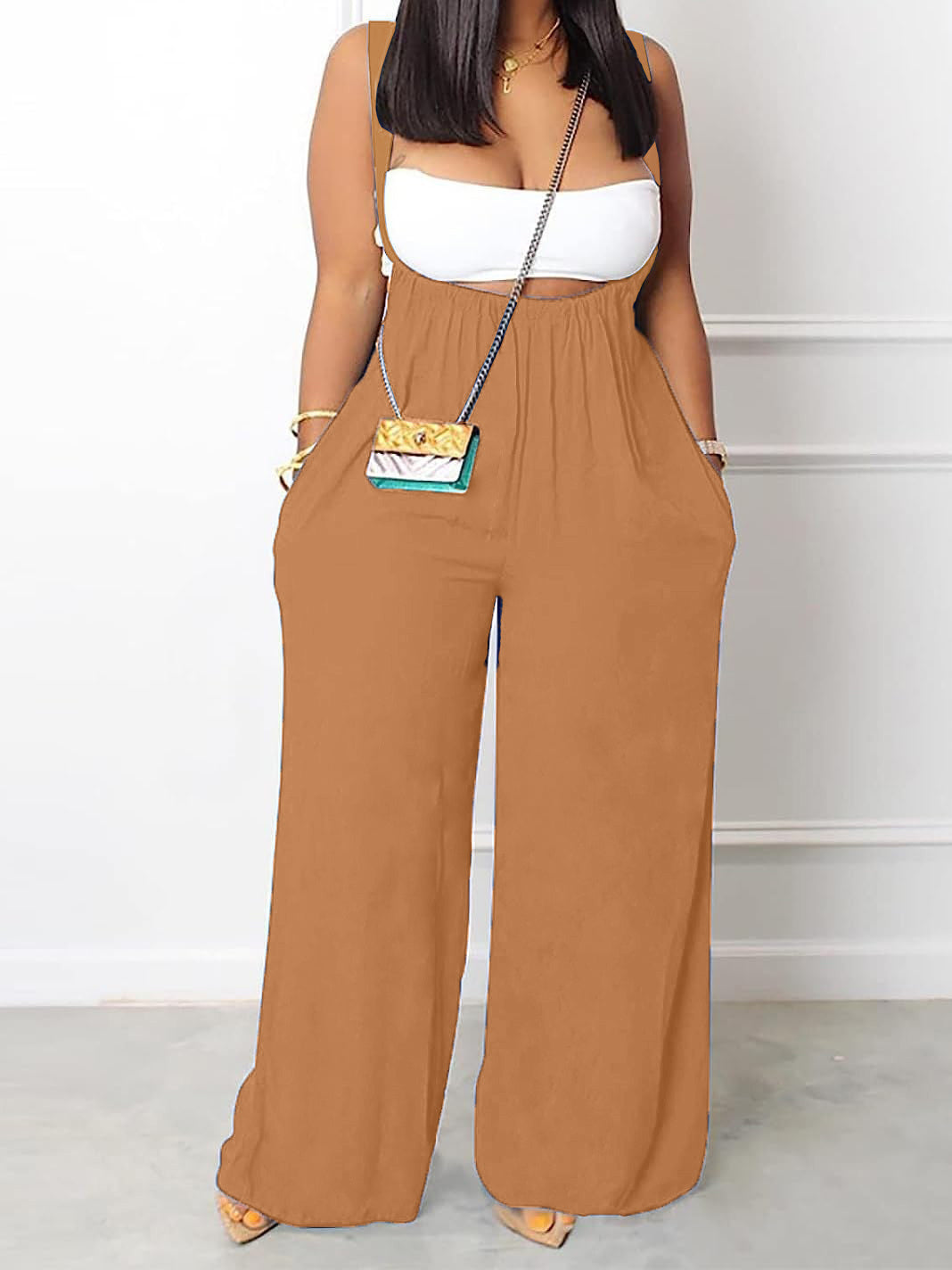 Plus Size Solid Color Pocket Overalls Casual Women's Pants - Sugarz Chique Boutique