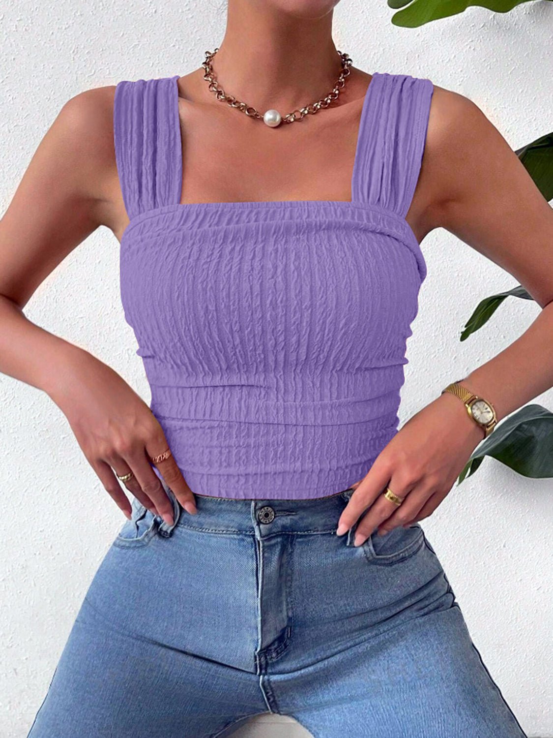 Textured Square Neck Wide Strap Tank | Sugarz Chique Boutique