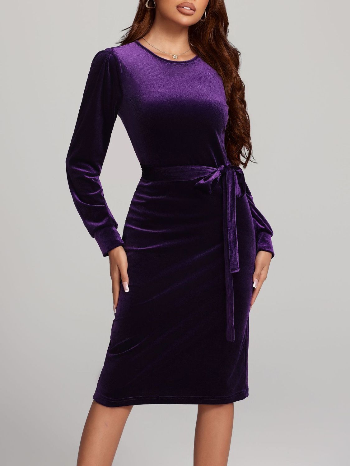 Round Neck Tie Waist Long Sleeve Velvet Dress | Sugarz Chique Boutique
