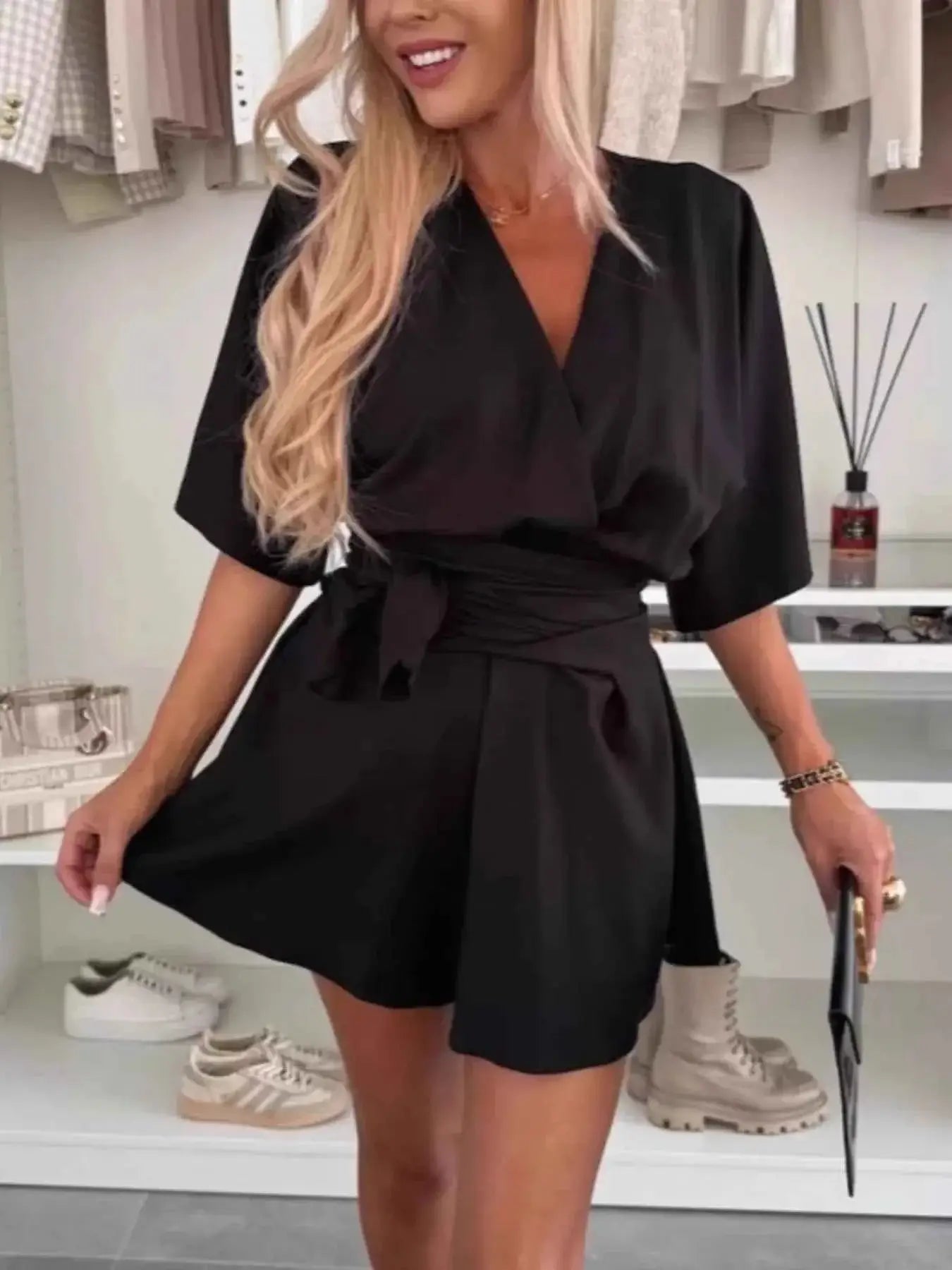 Full Size Surplice Tie Waist Romper Plus Size | Sugarz Chique Boutique