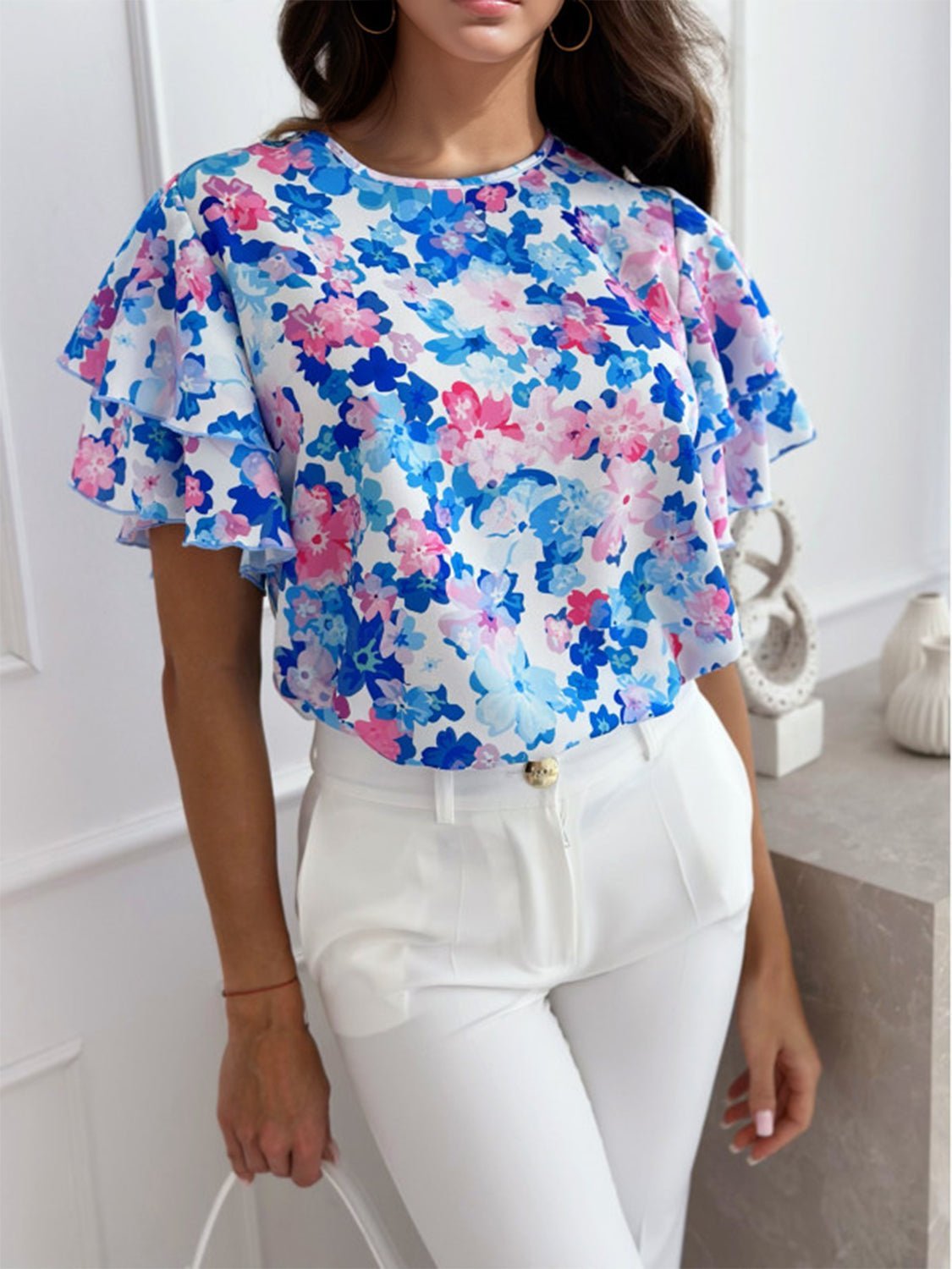 Floral Round Neck Flutter Sleeve Blouse | Sugarz Chique Boutique