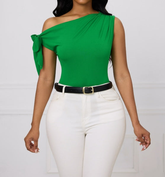 Ladies' Fashionable And Elegant Sloping Shoulder Off Shoulder Solid Color Temperament Shirt Top - Sugarz Chique Boutique