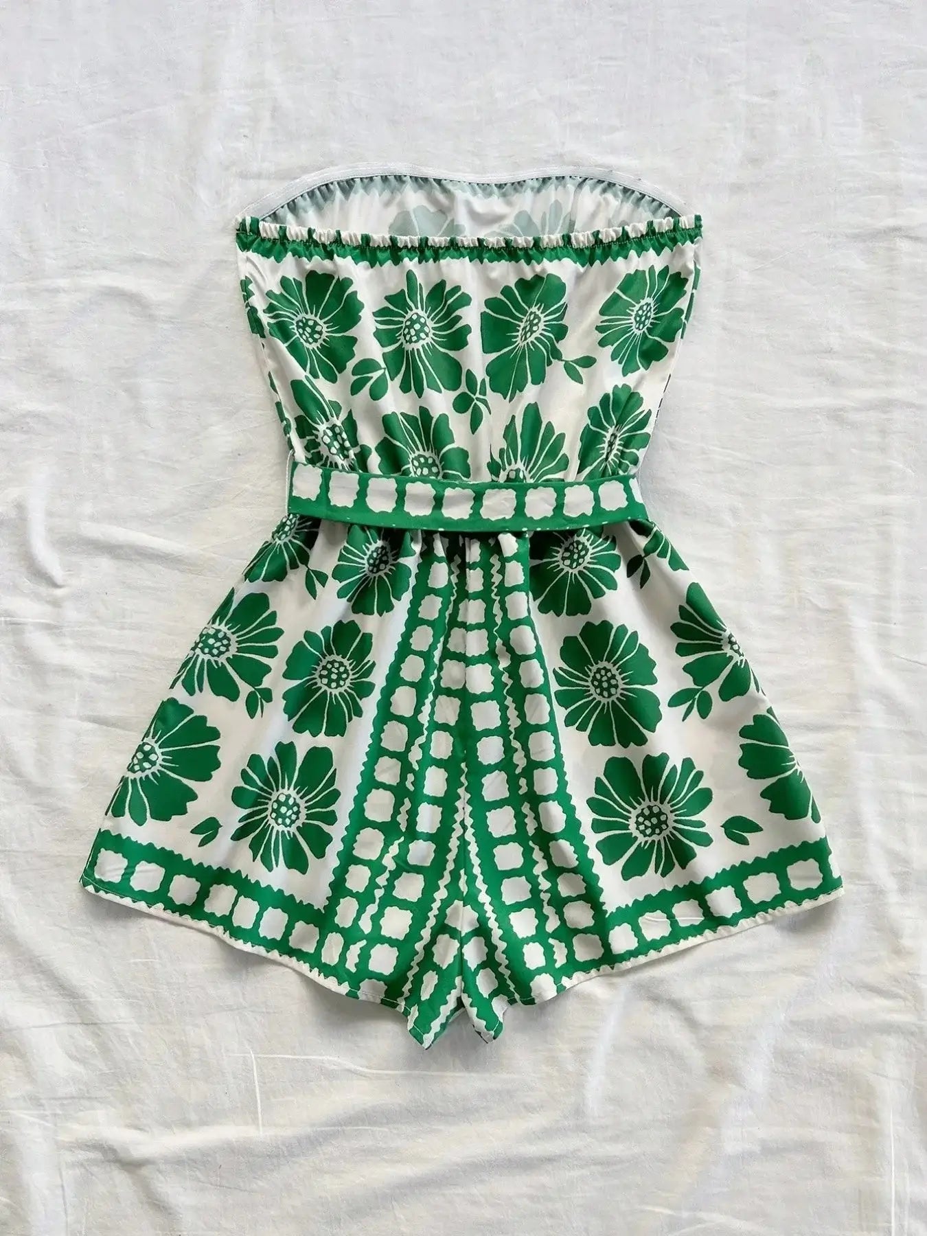 Printed Tube Tie Waist Romper in green floral pattern, made from 100% polyester, suitable for casual summer outings.