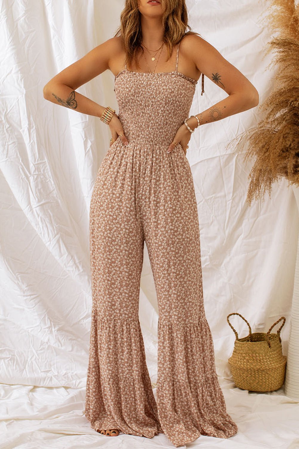 Floral Spaghetti Strap Smocked Wide Leg Jumpsuit | Sugarz Chique Boutique