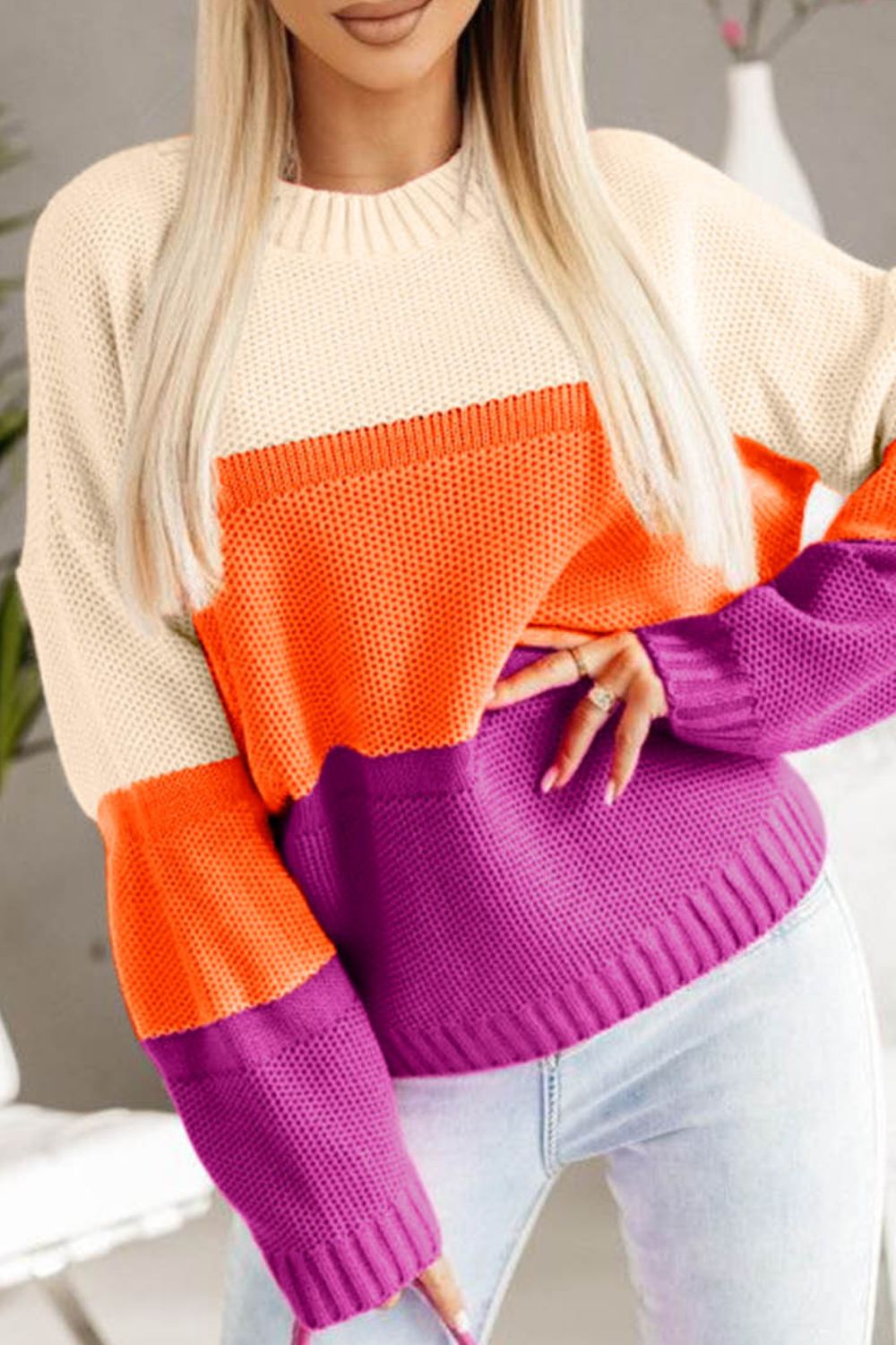 Color Block Drop Shoulder Round Neck Sweater | Sugarz Chique Boutique