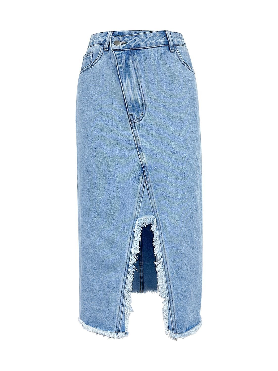 Raw Hem Slit Midi Denim Skirt | Sugarz Chique Boutique
