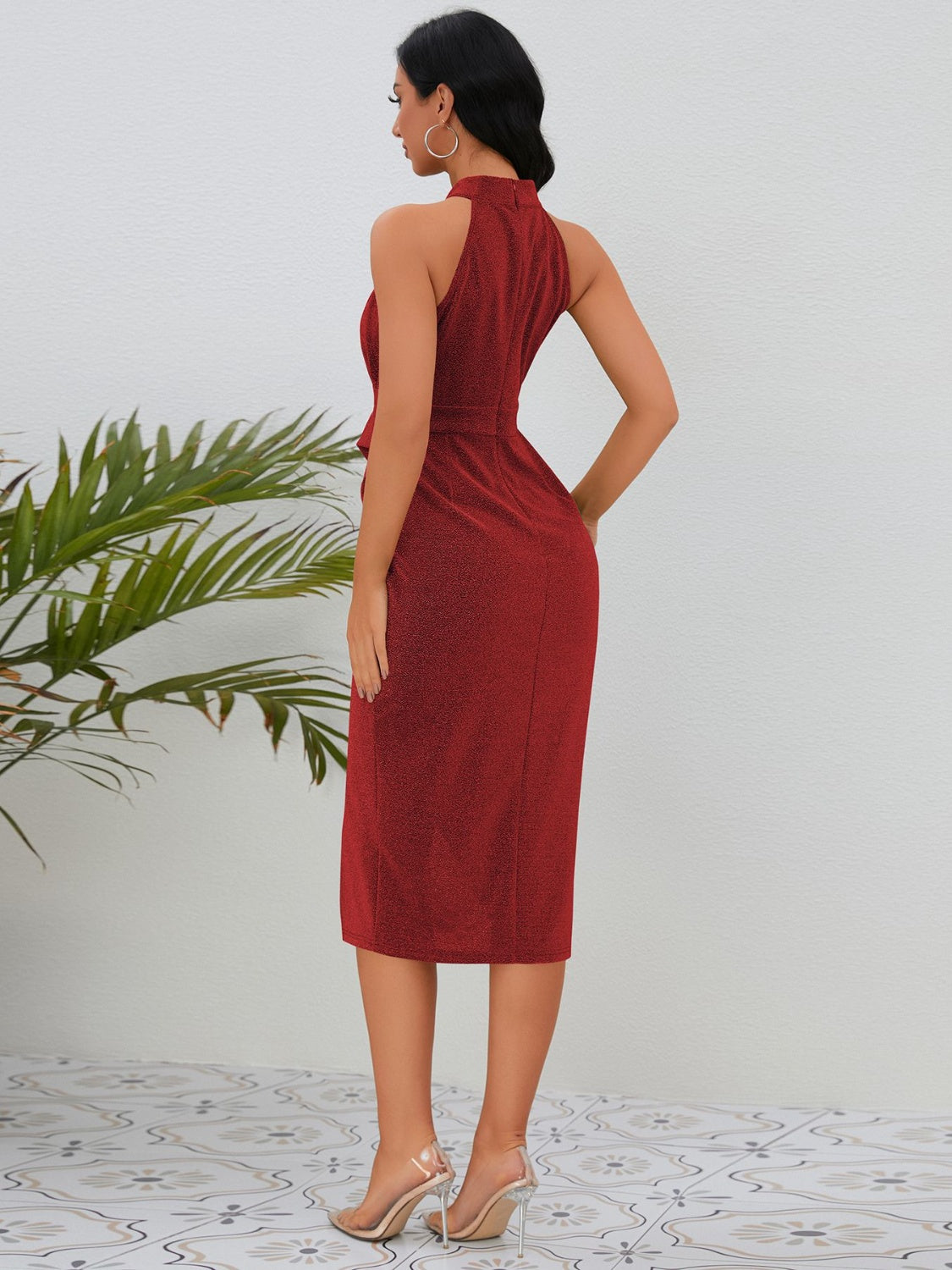 Slit Ruched Mock Neck Sleeveless Dress - Sugarz Chique Boutique