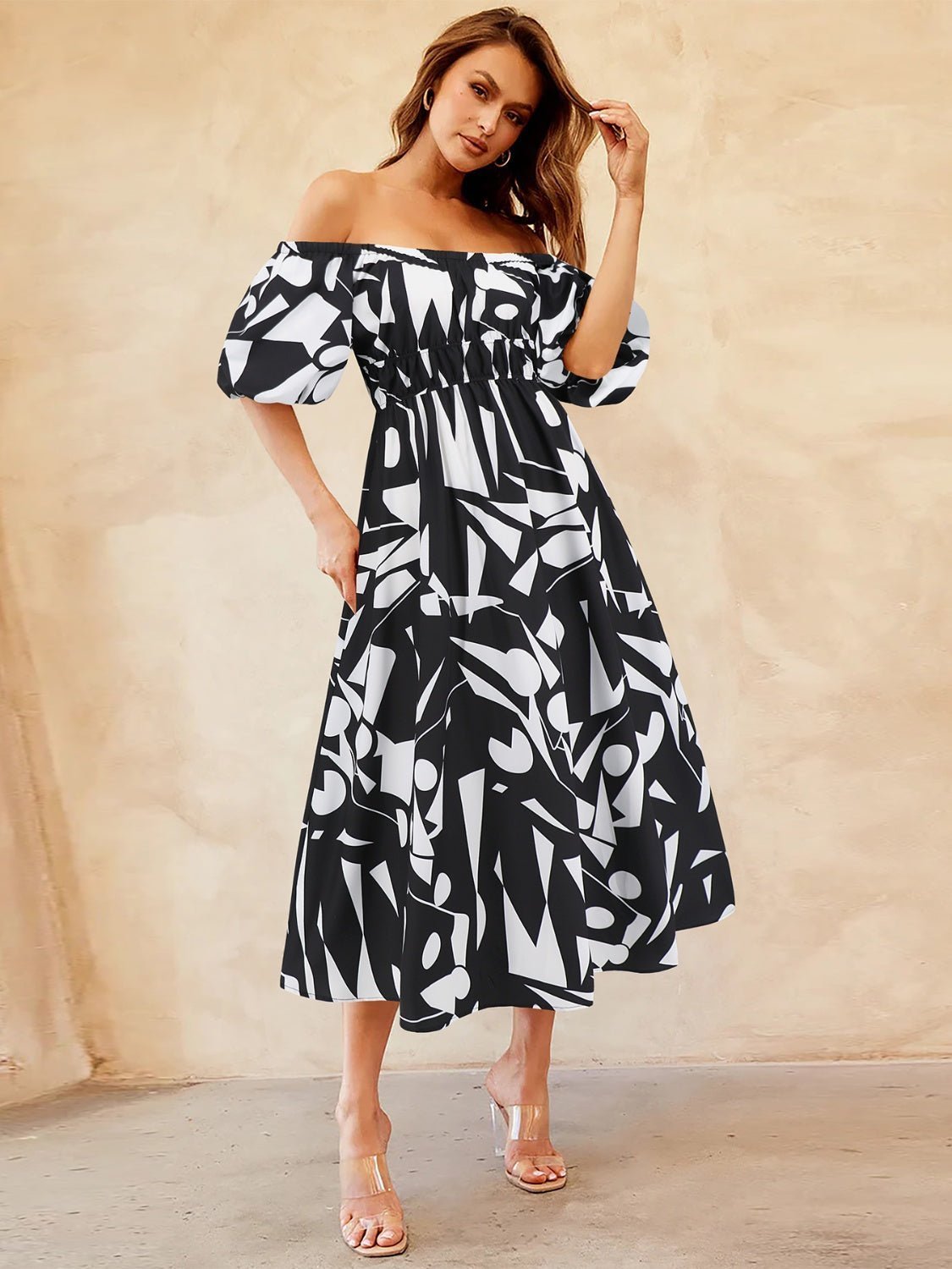 Printed Off-Shoulder Balloon Sleeve Dress | Sugarz Chique Boutique