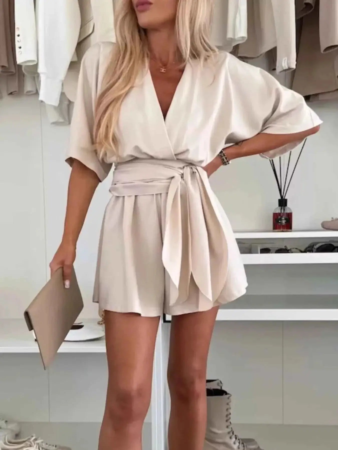 Full Size Surplice Tie Waist Romper Plus Size | Sugarz Chique Boutique