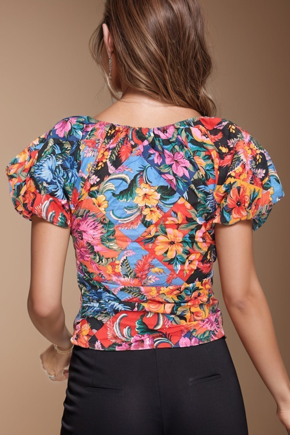 Ruched Printed V-Neck Short Sleeve Blouse | Sugarz Chique Boutique