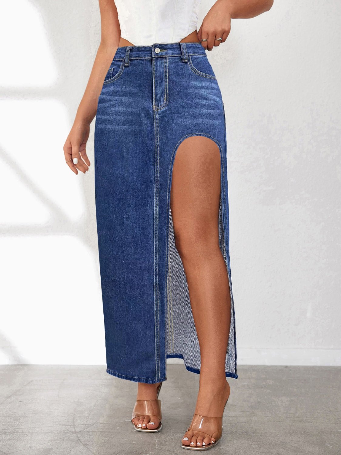 High Rise Slit Denim Skirt | Sugarz Chique Boutique