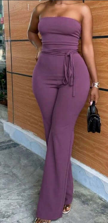 Casual solid wine red strapless jumpsuit with wide leg for women, made from soft knitted fabric, perfect for stylish outings.