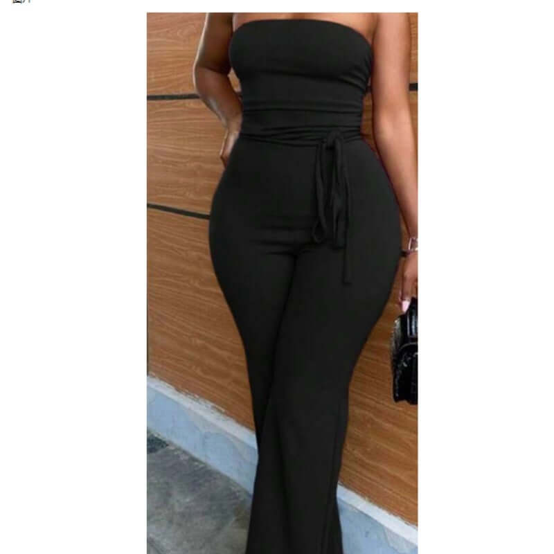 Casual solid black strapless jumpsuit with wide leg for women, made from knitted fabric, ideal for stylish outings.