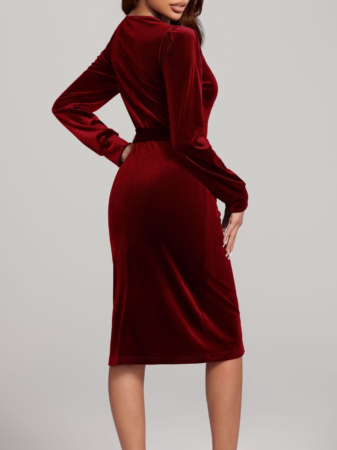 Round Neck Tie Waist Long Sleeve Velvet Dress | Sugarz Chique Boutique