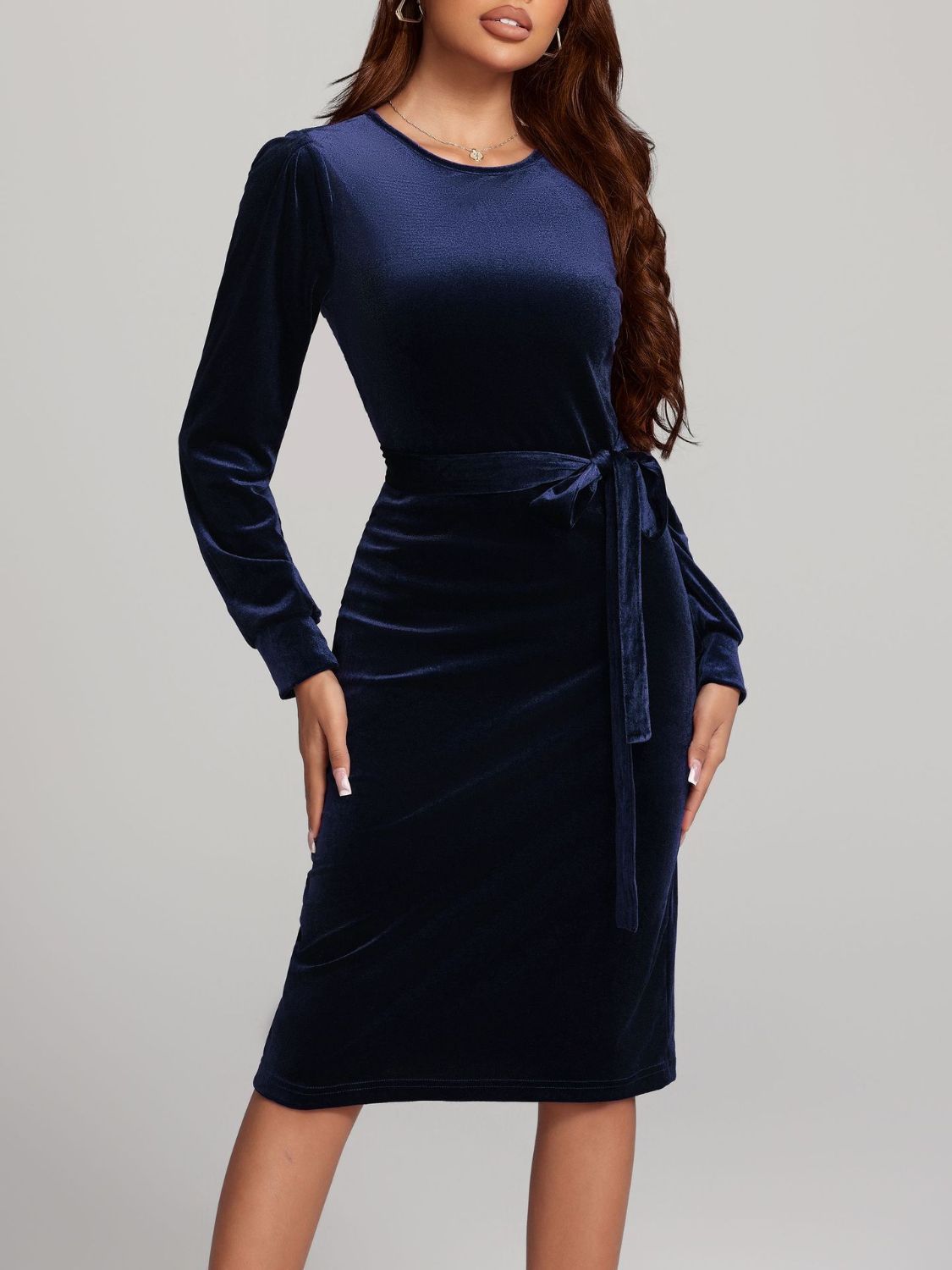 Round Neck Tie Waist Long Sleeve Velvet Dress | Sugarz Chique Boutique