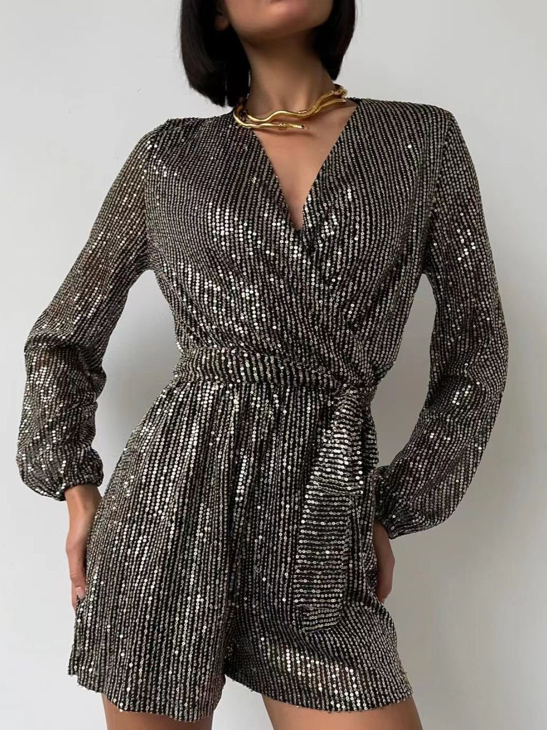 sequins tie waist long sleeve romper