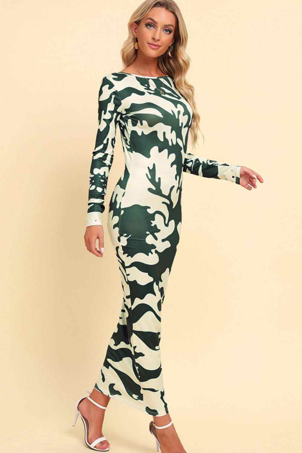 Printed Backless Long Sleeve Maxi Dress | Sugarz Chique Boutique