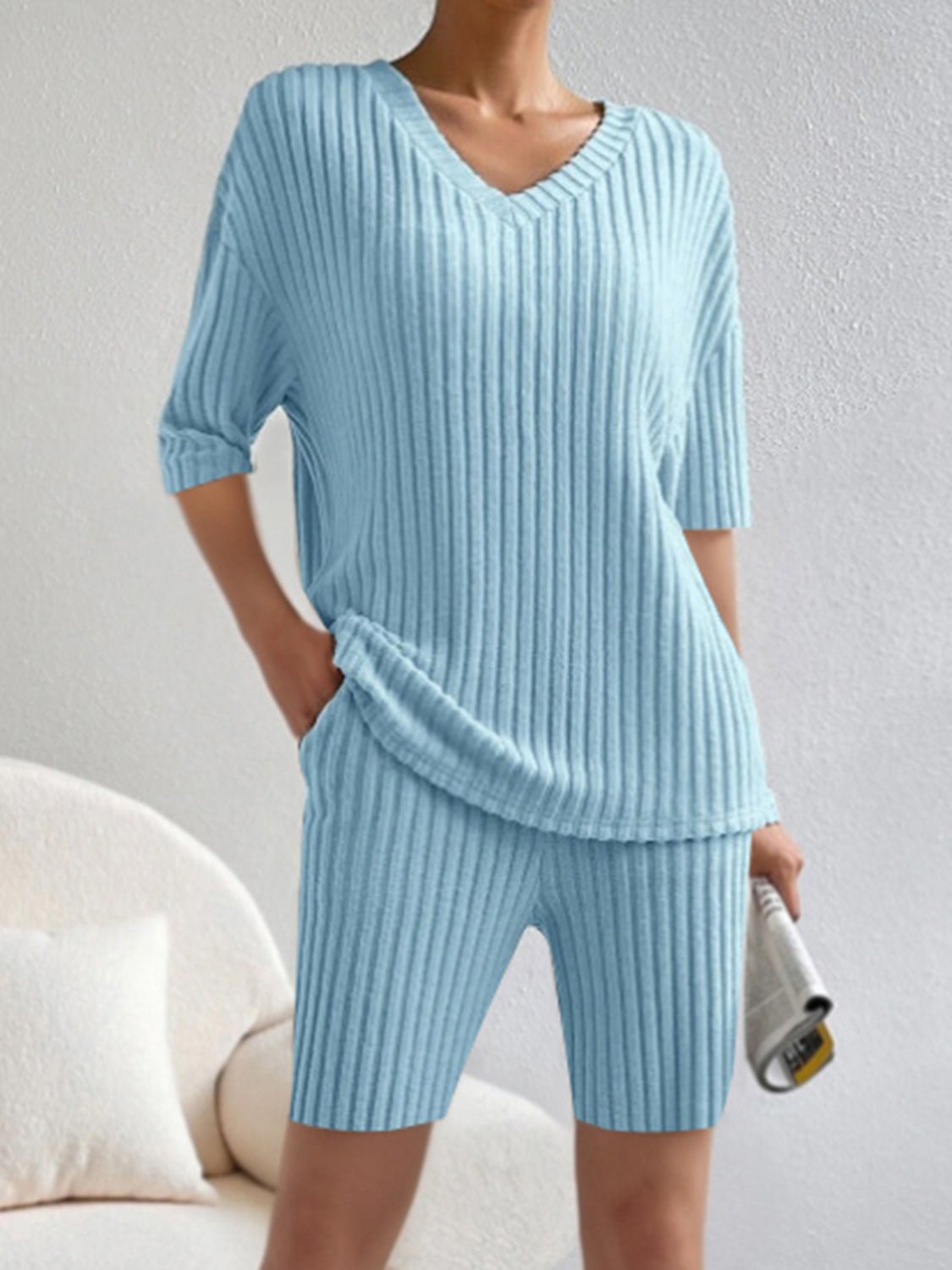 Ribbed V-Neck Top and Shorts Set | Sugarz Chique Boutique