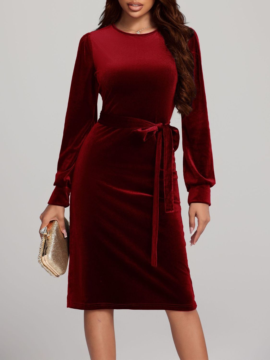 Round Neck Tie Waist Long Sleeve Velvet Dress | Sugarz Chique Boutique