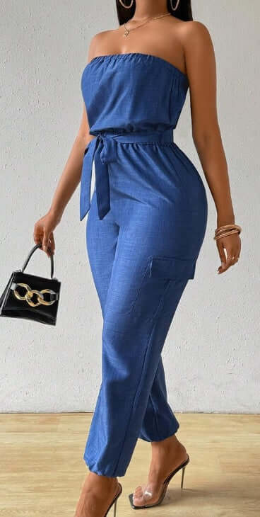 Women's summer casual denim-look strapless jumpsuit with utility design and belt, showcasing a stylish and trendy outfit.