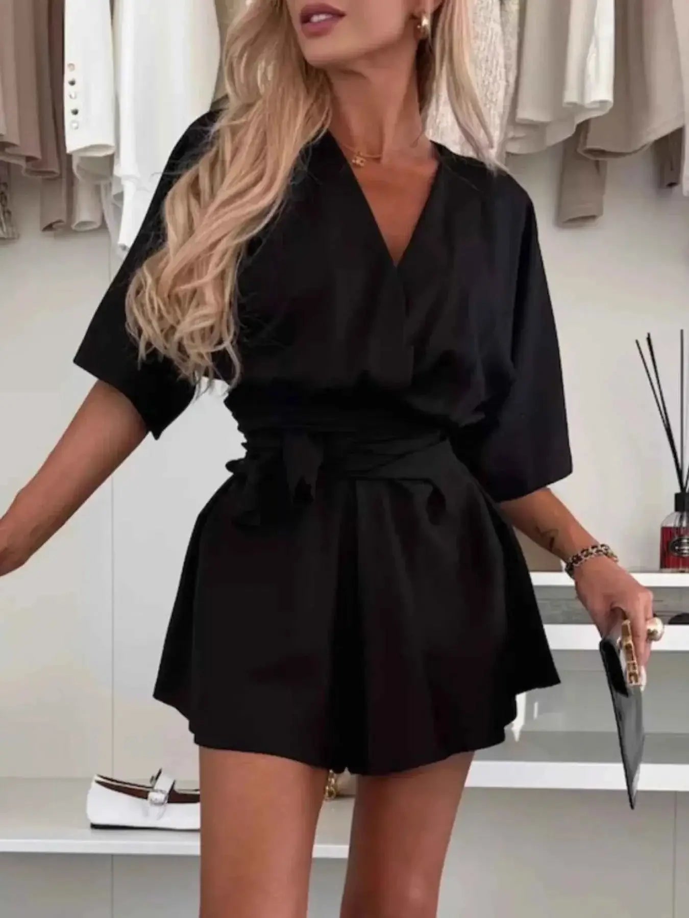 Full Size Surplice Tie Waist Romper Plus Size | Sugarz Chique Boutique