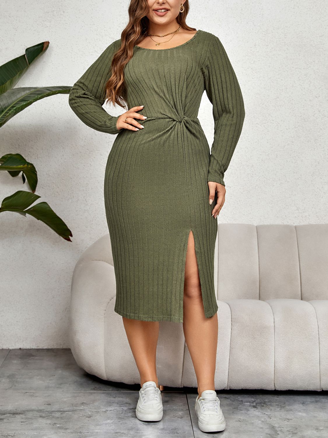 Plus Size Ribbed Round Neck Twisted Slit Midi Dress | Sugarz Chique Boutique