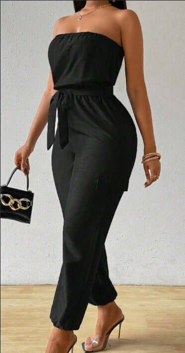 Women's Summer Casual Denim-Look Strapless Jumpsuit With Utility Design - Sugarz Chique Boutique