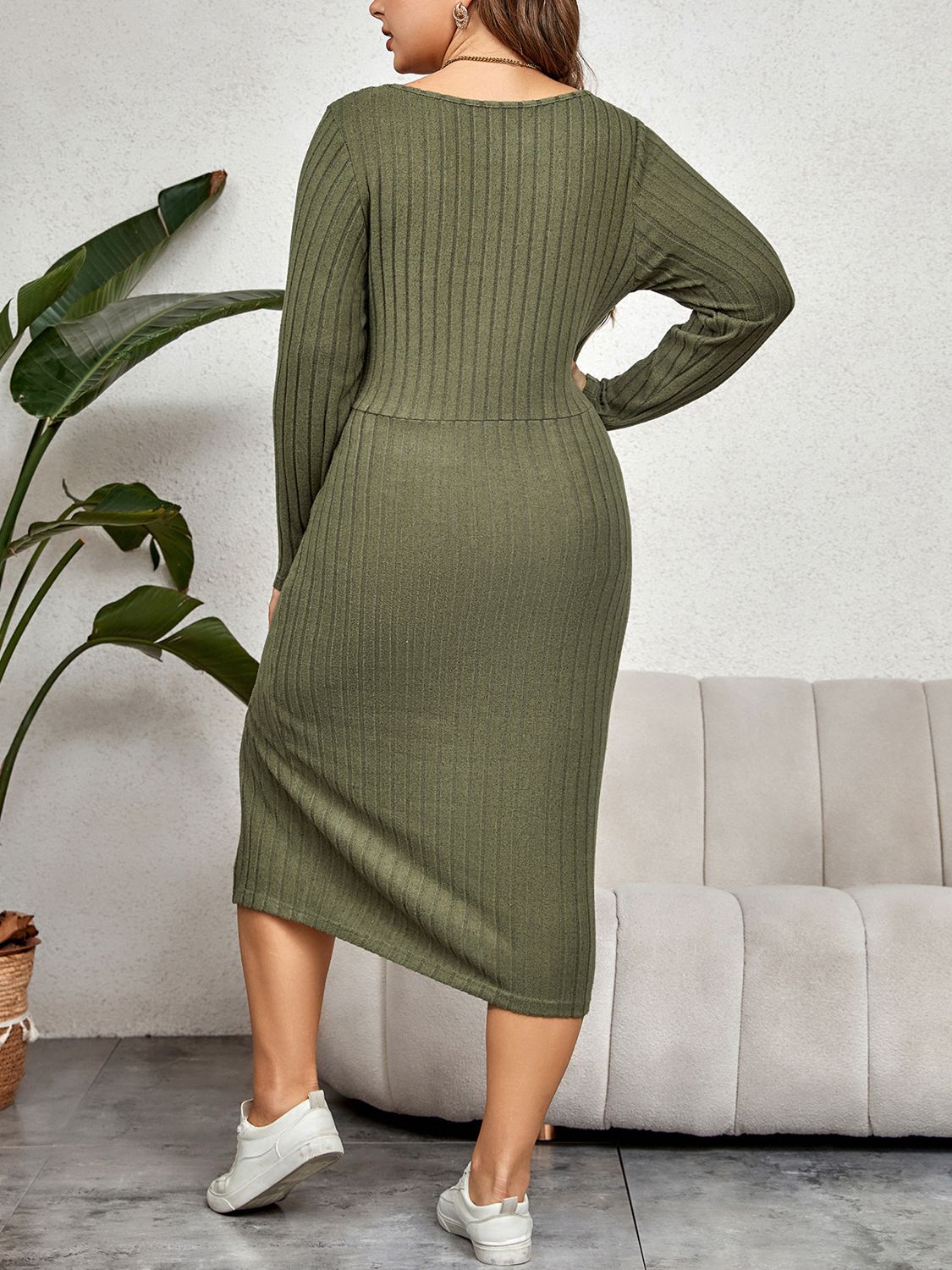 Plus Size Ribbed Round Neck Twisted Slit Midi Dress | Sugarz Chique Boutique
