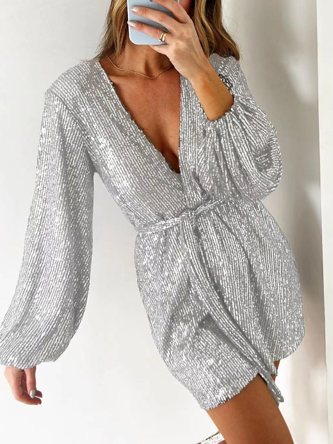 Full Size Sequin Surplice Tie Waist Long Sleeve Romper - Sugarz Chique Boutique