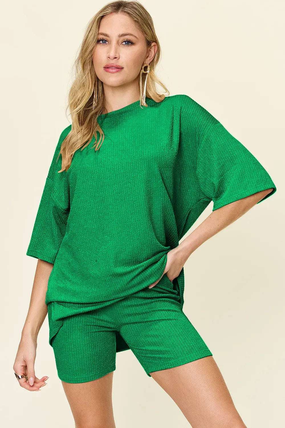 Double Take Full Size Texture Round Neck Drop Shoulder T-Shirt and Shorts Set | Sugarz Chique Boutique