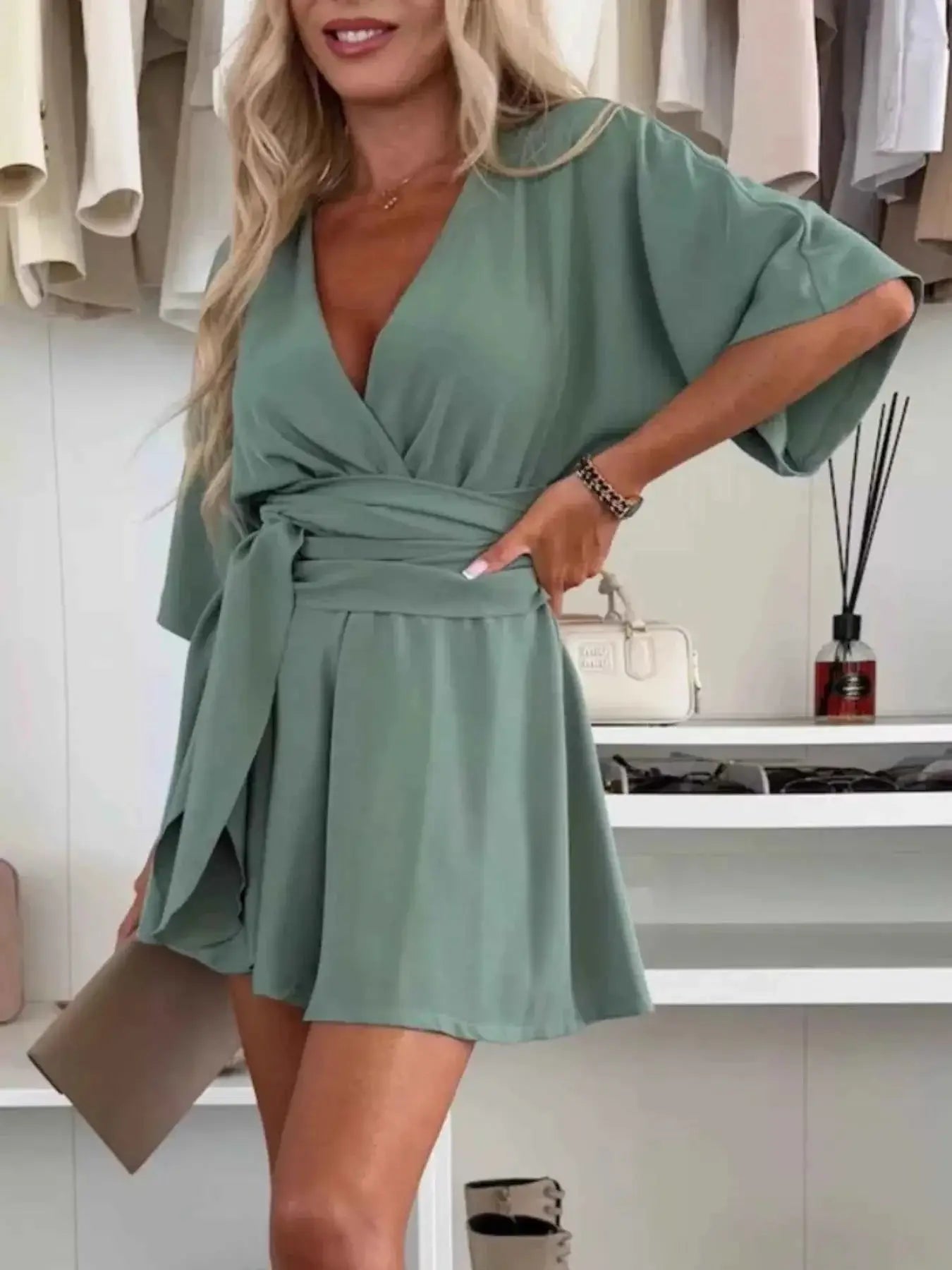 Full Size Surplice Tie Waist Romper Plus Size | Sugarz Chique Boutique