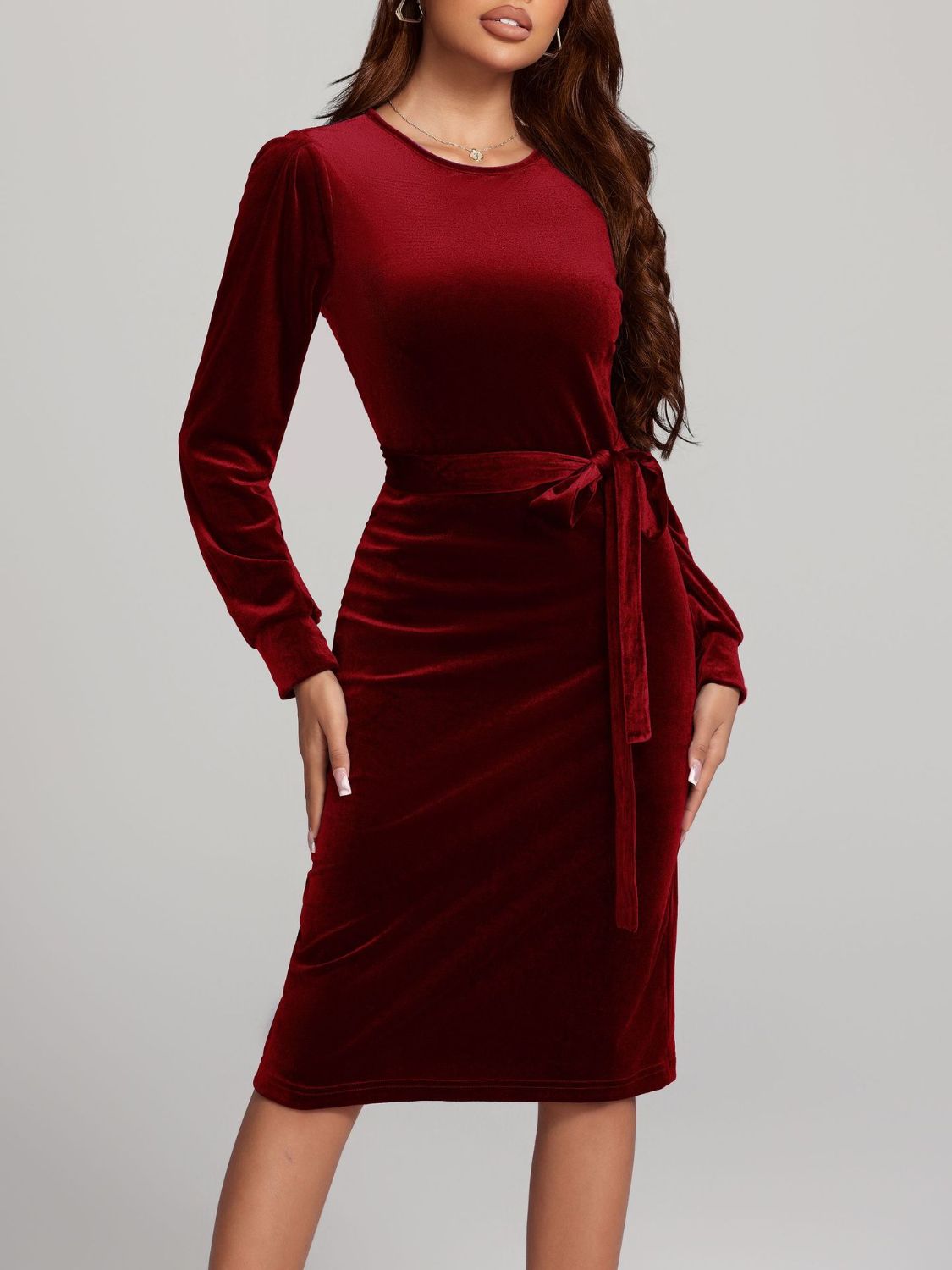 Round Neck Tie Waist Long Sleeve Velvet Dress | Sugarz Chique Boutique