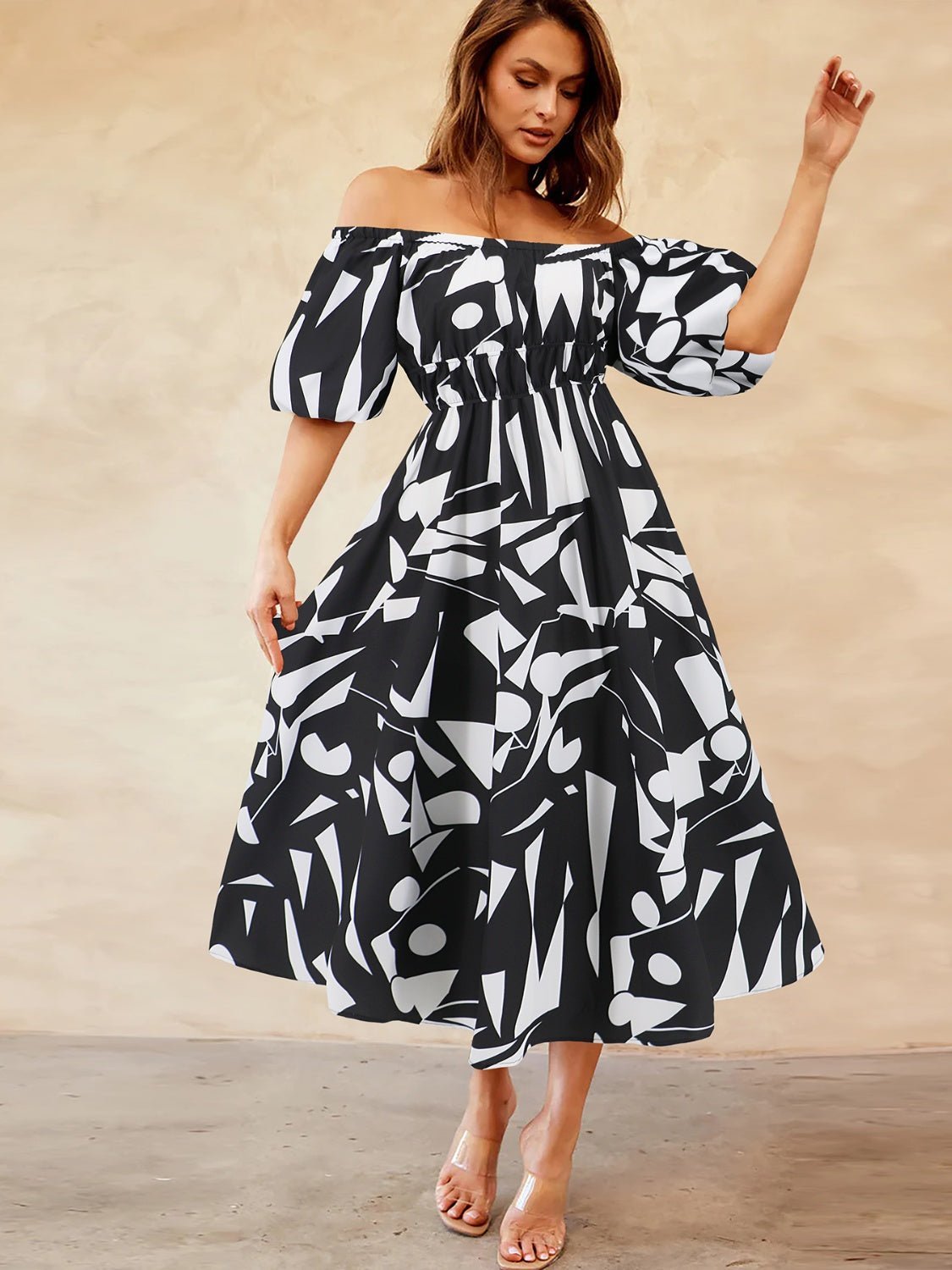 Printed Off-Shoulder Balloon Sleeve Dress | Sugarz Chique Boutique