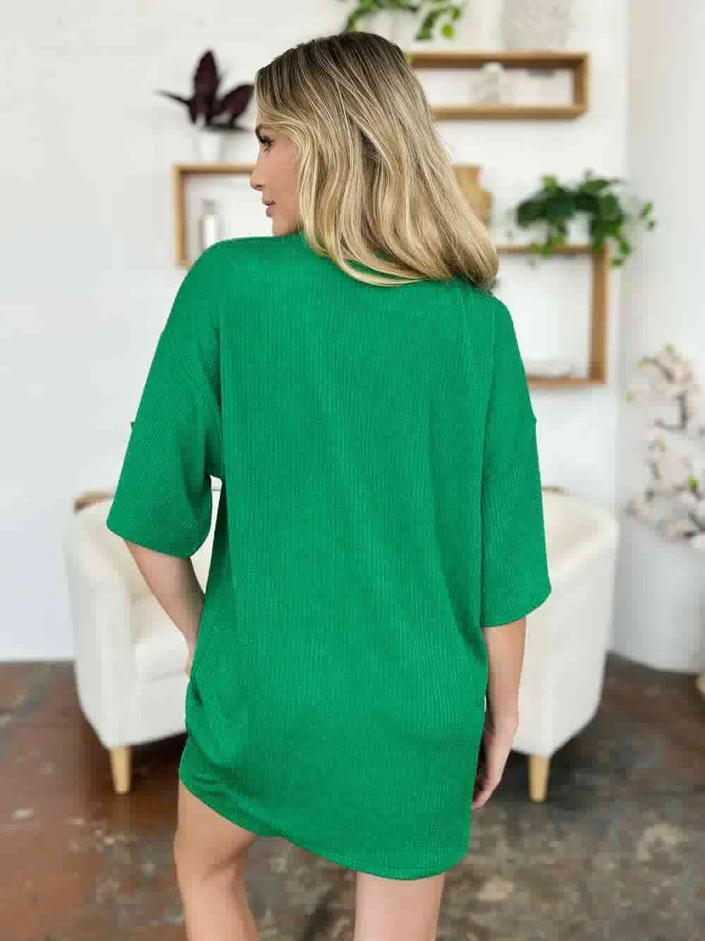 Double Take Full Size Texture Round Neck Drop Shoulder T-Shirt and Shorts Set | Sugarz Chique Boutique