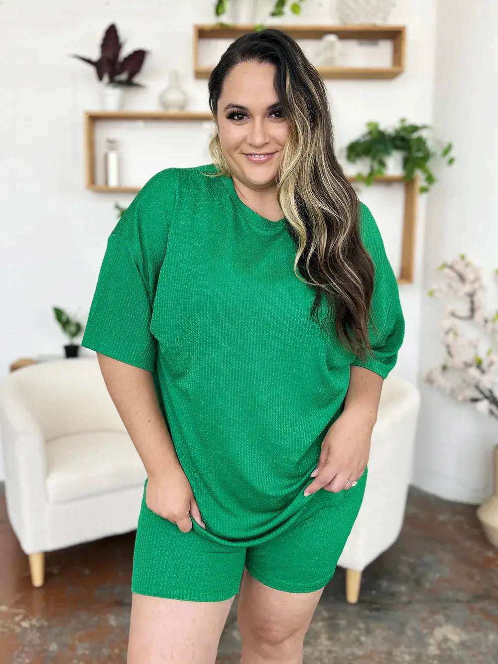 Double Take Full Size Texture Round Neck Drop Shoulder T-Shirt and Shorts Set | Sugarz Chique Boutique