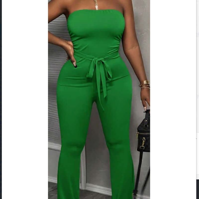 Casual solid green strapless jumpsuit with wide leg for women, featuring a tied waist for stylish comfort.