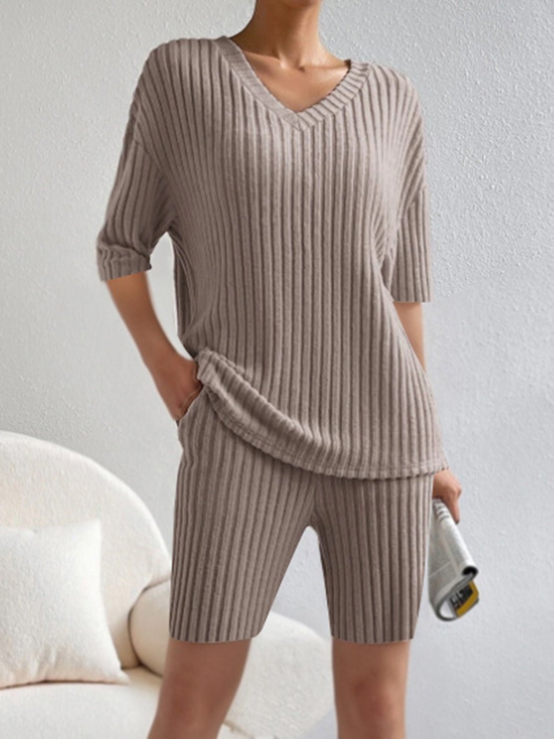 Ribbed V-Neck Top and Shorts Set | Sugarz Chique Boutique
