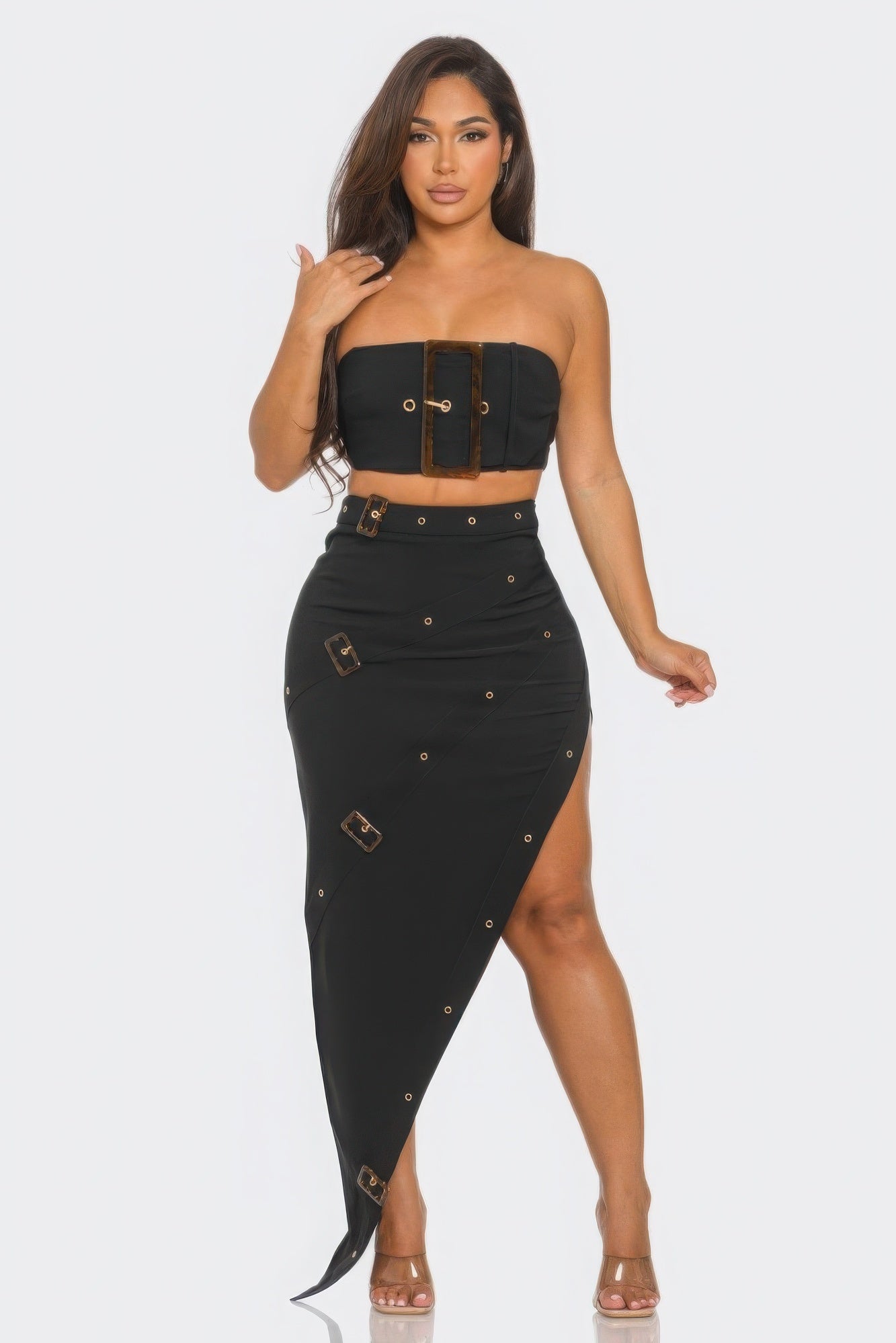 Front Eyelet Buckle Belt Top And Skirt Set | Sugarz Chique Boutique