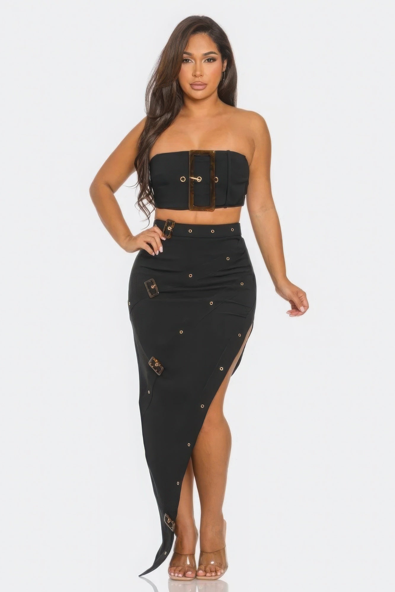 Front Eyelet Buckle Belt Top And Skirt Set | Sugarz Chique Boutique