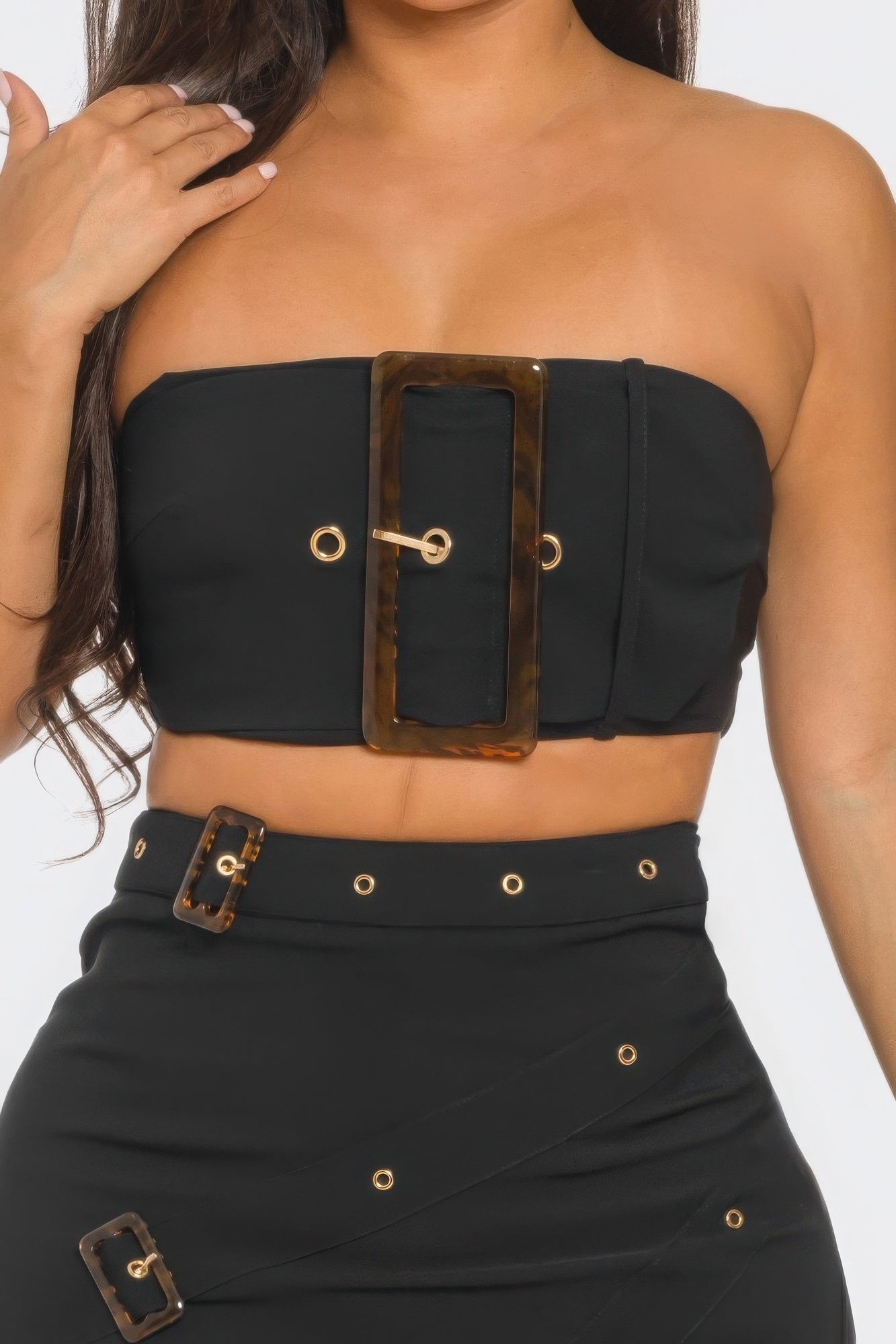 Front Eyelet Buckle Belt Top And Skirt Set | Sugarz Chique Boutique