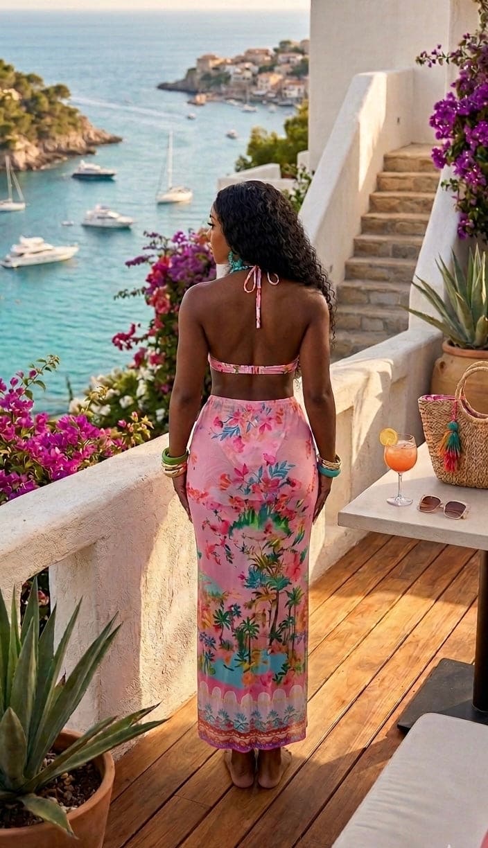Tropical print bikini set with matching cover-up from Sugarz Chique Boutique, featuring vibrant floral swimwear and lightweight cover-up.