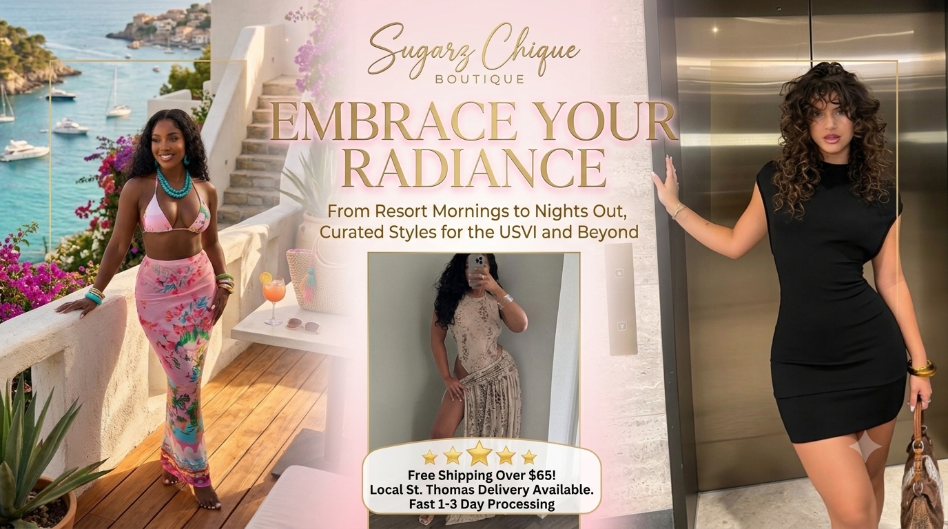 Promotional banner for Sugarz Chique Boutique featuring a woman in a black dress in an elevator, a woman in a colorful pink and blue resort outfit on a balcony, and a central text panel reading 'Embrace Your Radiance' with a small inset photo.