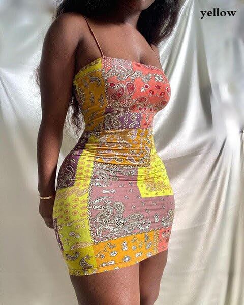 Women's slim fit sexy yellow printed dress with suspender straps and A-line skirt style.